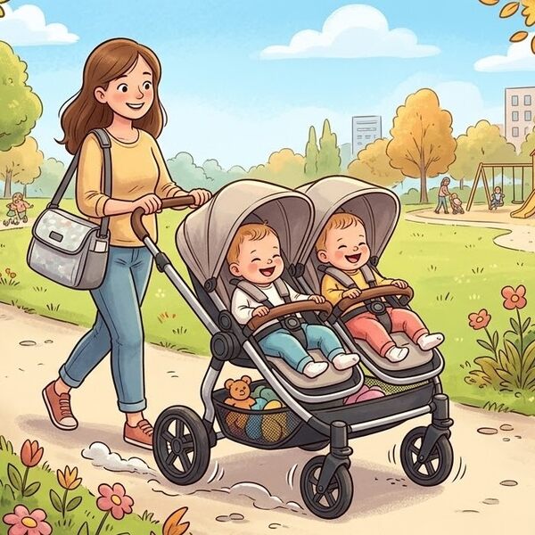 Uśmiechnięta mama prowadzi wózek bliźniaczy spacerowy typu twin w parku. Idealny podwójny wózek dla bliźniąt.